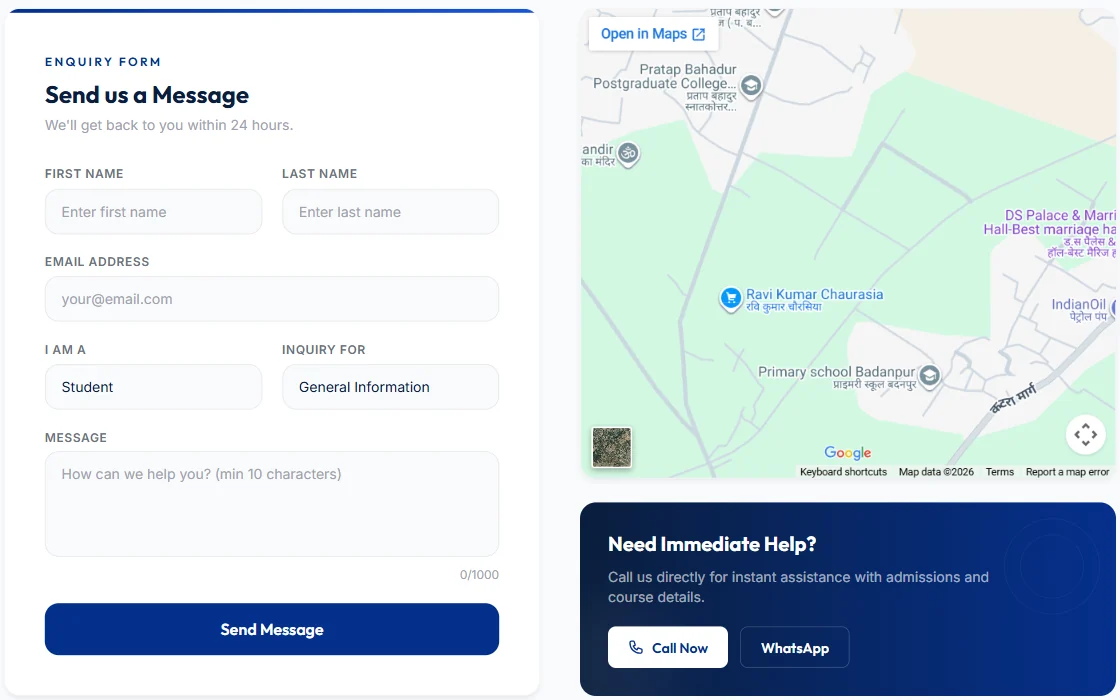 Contact page with an enquiry form next to a map