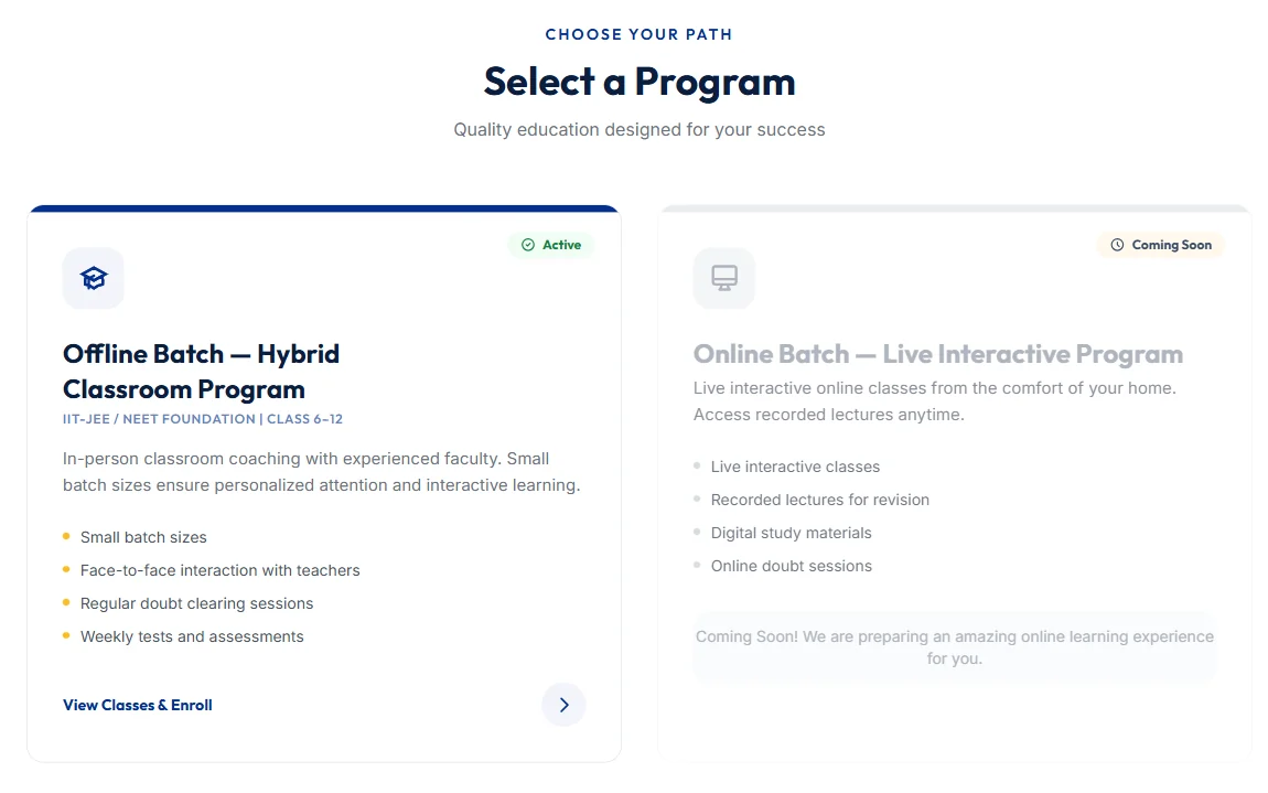 Be Educated programs page with an active offline batch and a coming-soon online batch