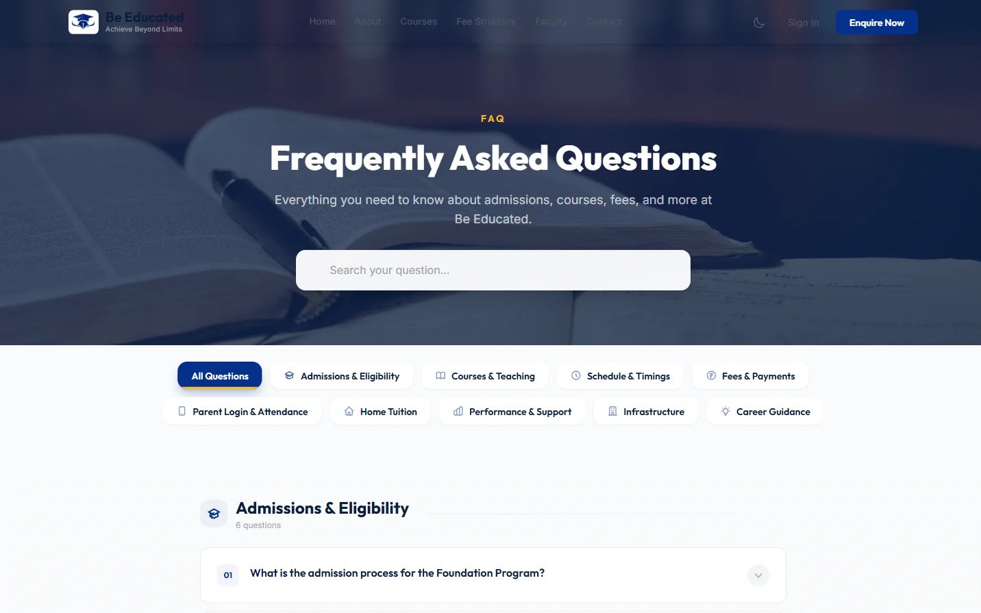 FAQ page with a search box and topic filters