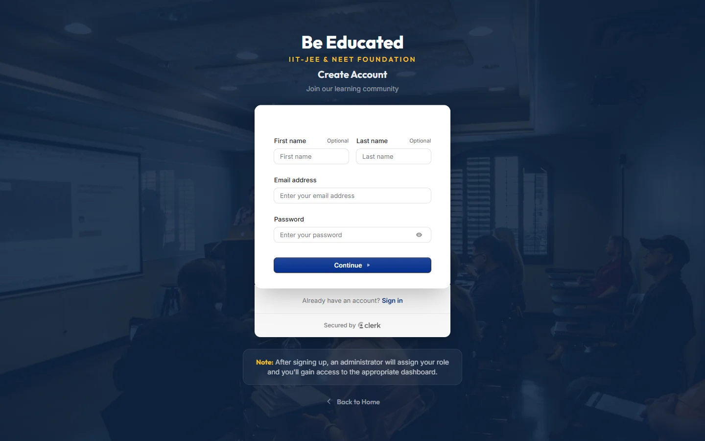 Be Educated sign-up page secured by Clerk