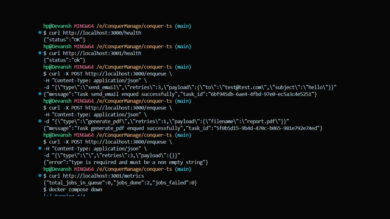 Terminal: health checks and enqueue requests against the producer
