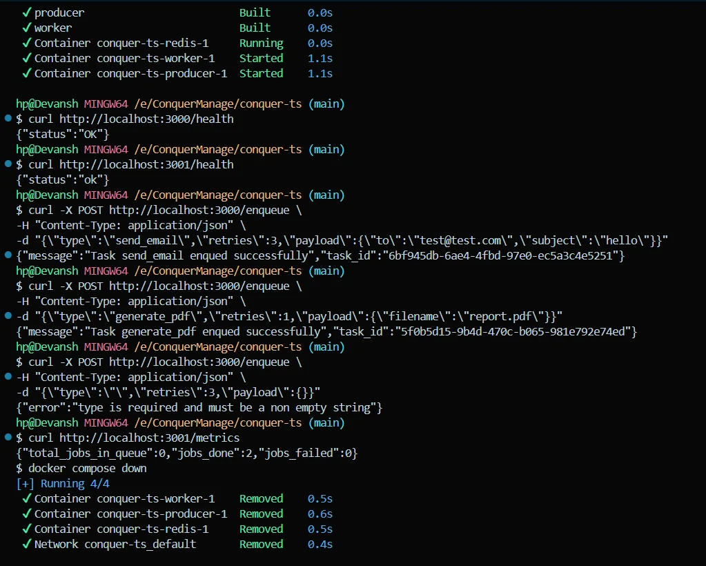 Terminal session: compose up, health checks, enqueue, validation error, metrics, compose down
