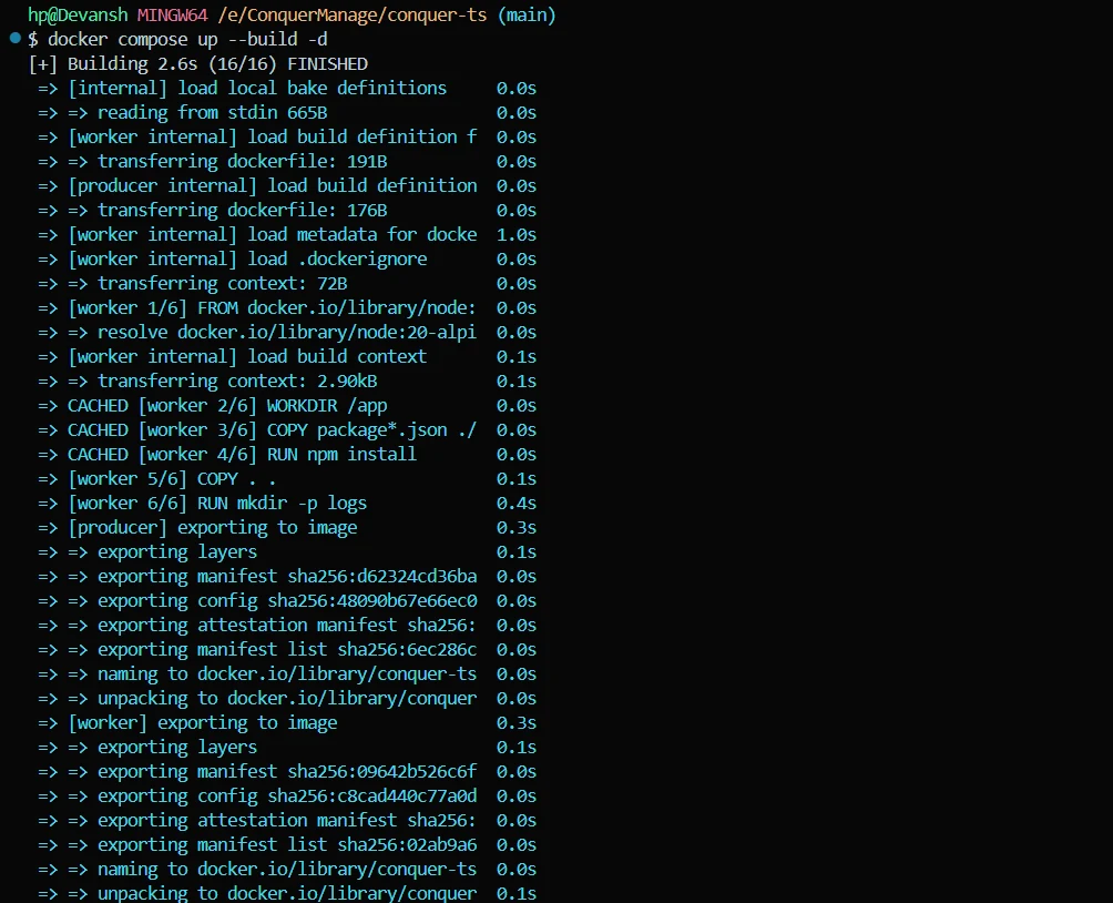Terminal: docker compose up --build output