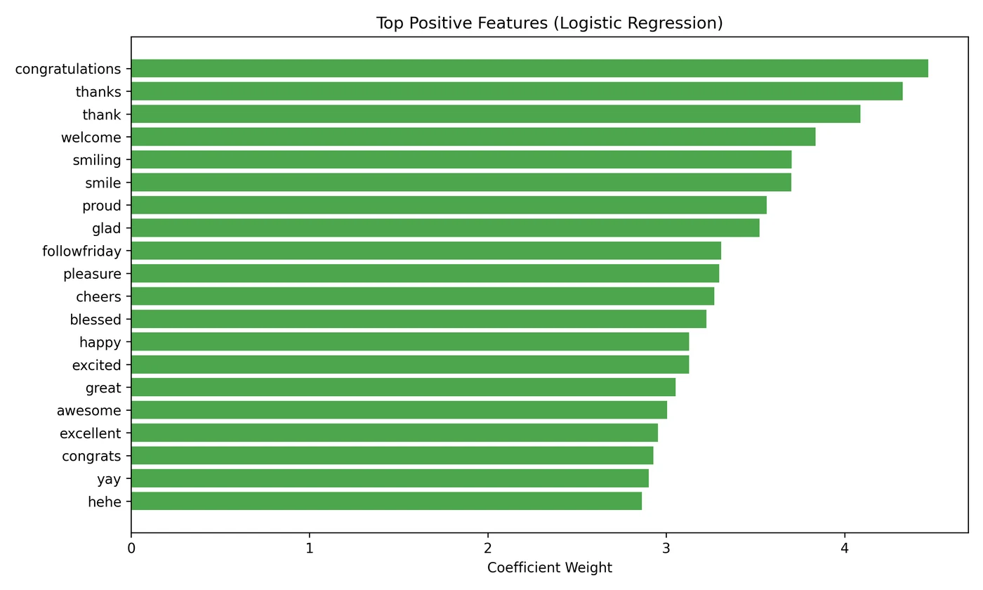 Top positive words learned by the logistic regression model